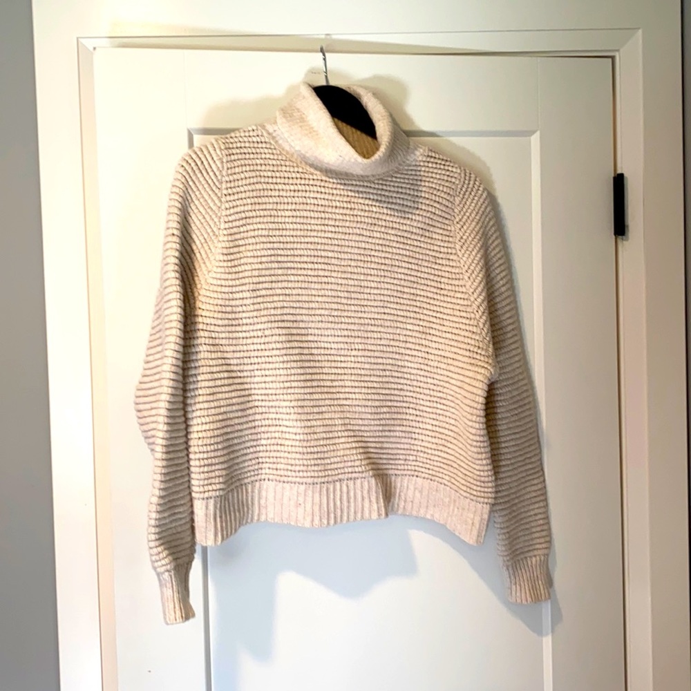 Madewell turtleneck. Size medium but fits smaller, cropped style.
